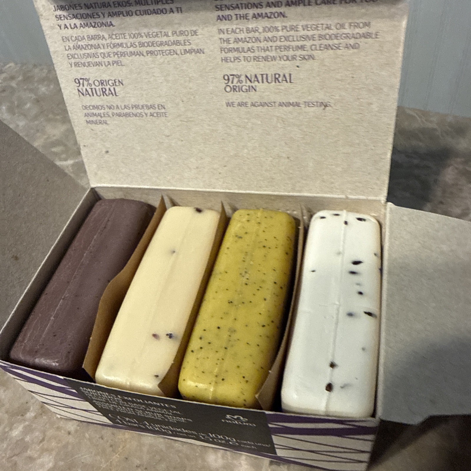 NATURA EKOS 4 Exfoliating Bar Soaps ACAI ANDIROBA CHESTNUT PASSION FRUIT Vegan