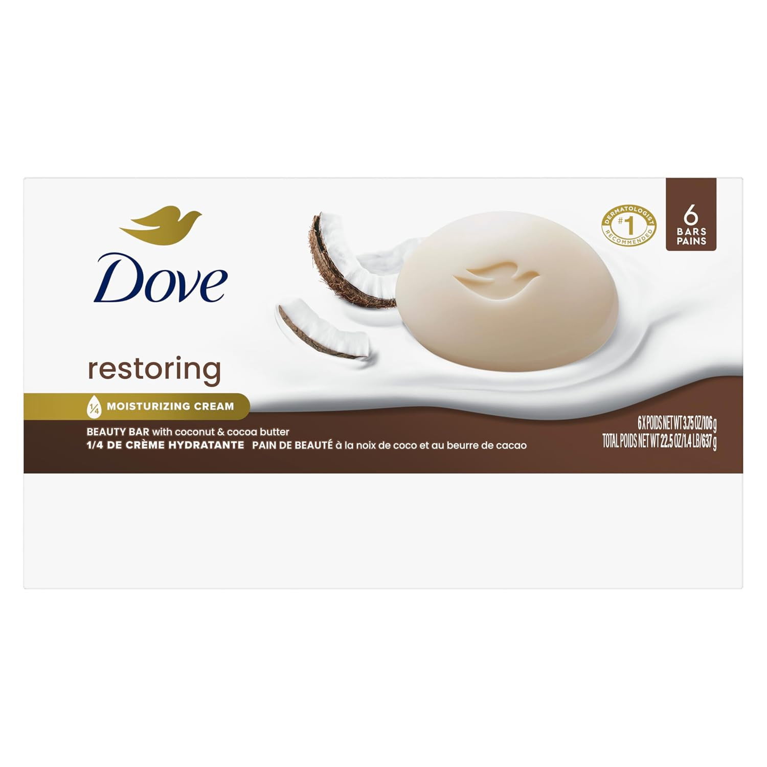 Dove Beauty Soap Restoring Coconut & Cocoa Butter 6 Count Restored Skin 3.75 Oz