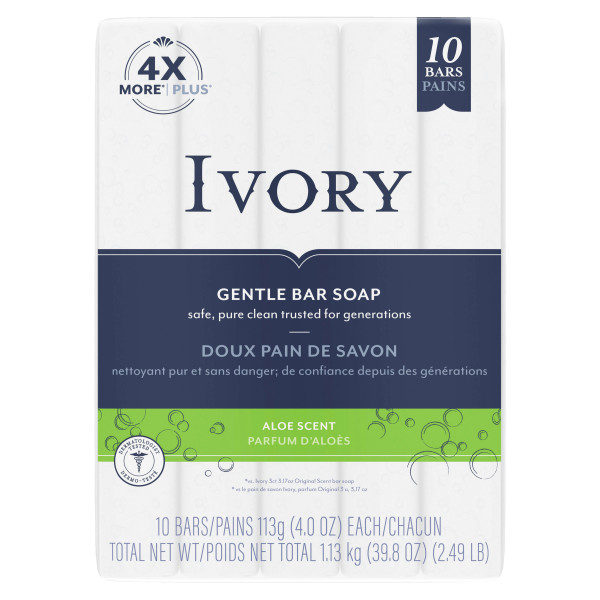 Ivory Gentle Bar Soap – Aloe Scent (10 Bars/Pack), 31.7oz