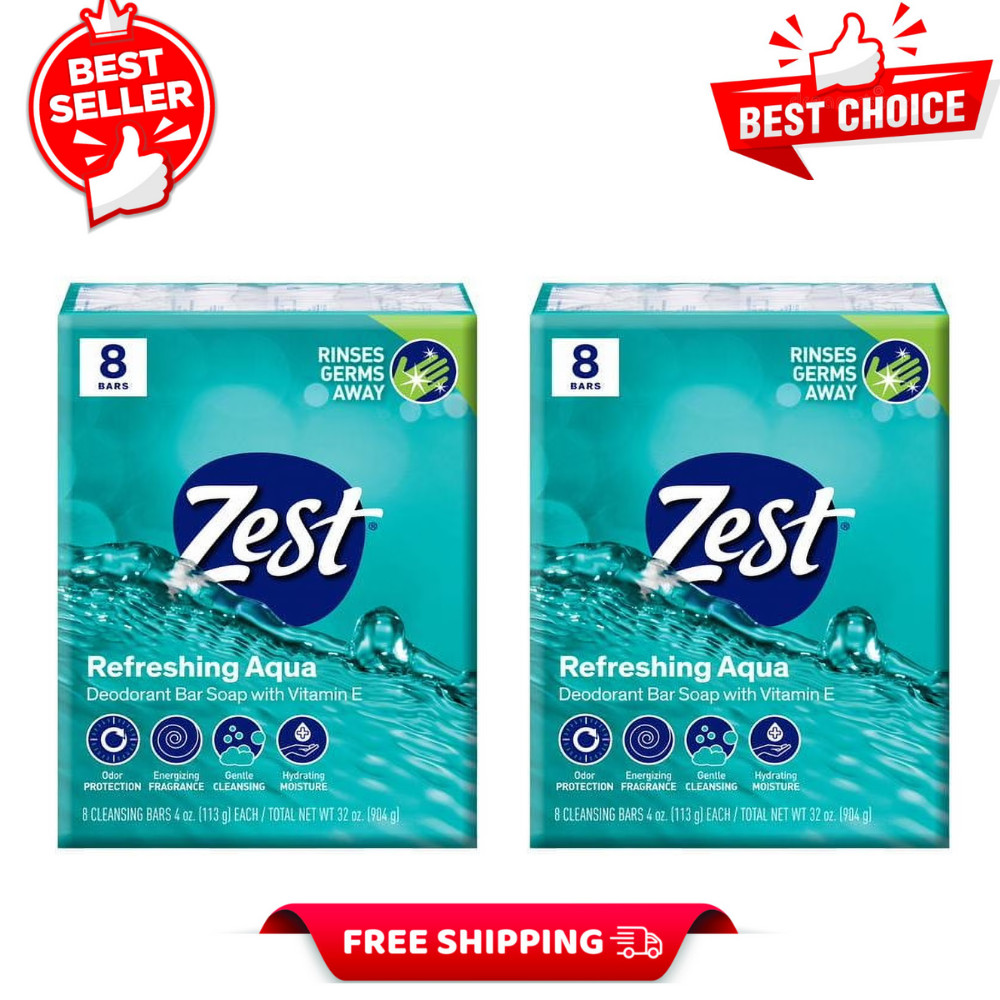 2Pack Zest Deodorant Bar Soap, Aqua, Hydrating Moisture, 4 oz, 8 Bars (16 Total)