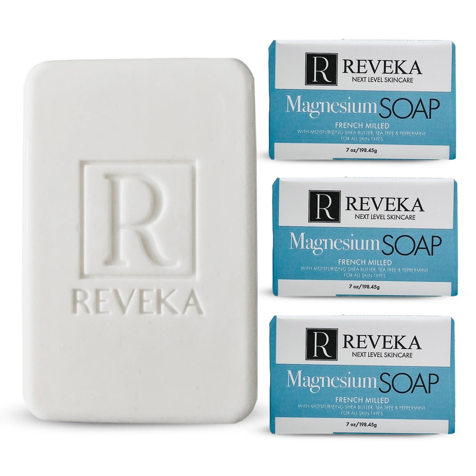 MAGNESIUM SOAP Bar for Face Body Hair Shaving 7oz 4 Pack REVEKA SKINCARE