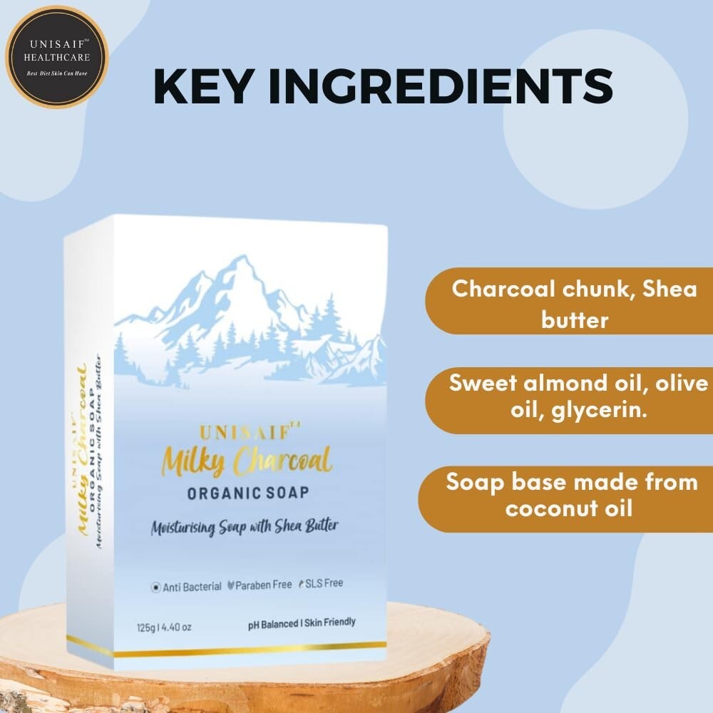 Unisaif Milky Charcoal Organic Body Soap Bar, Moisturizing Soap With Shea Butter