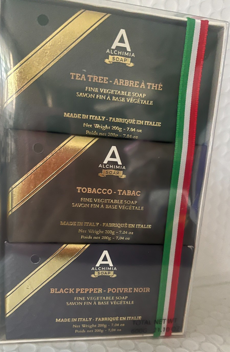 ALCHIMIA SOAP FINE VEGETABLE SOAP TRIO TEATREE,TOBACCO,BLACK PEPPER 7.04OZ EACH