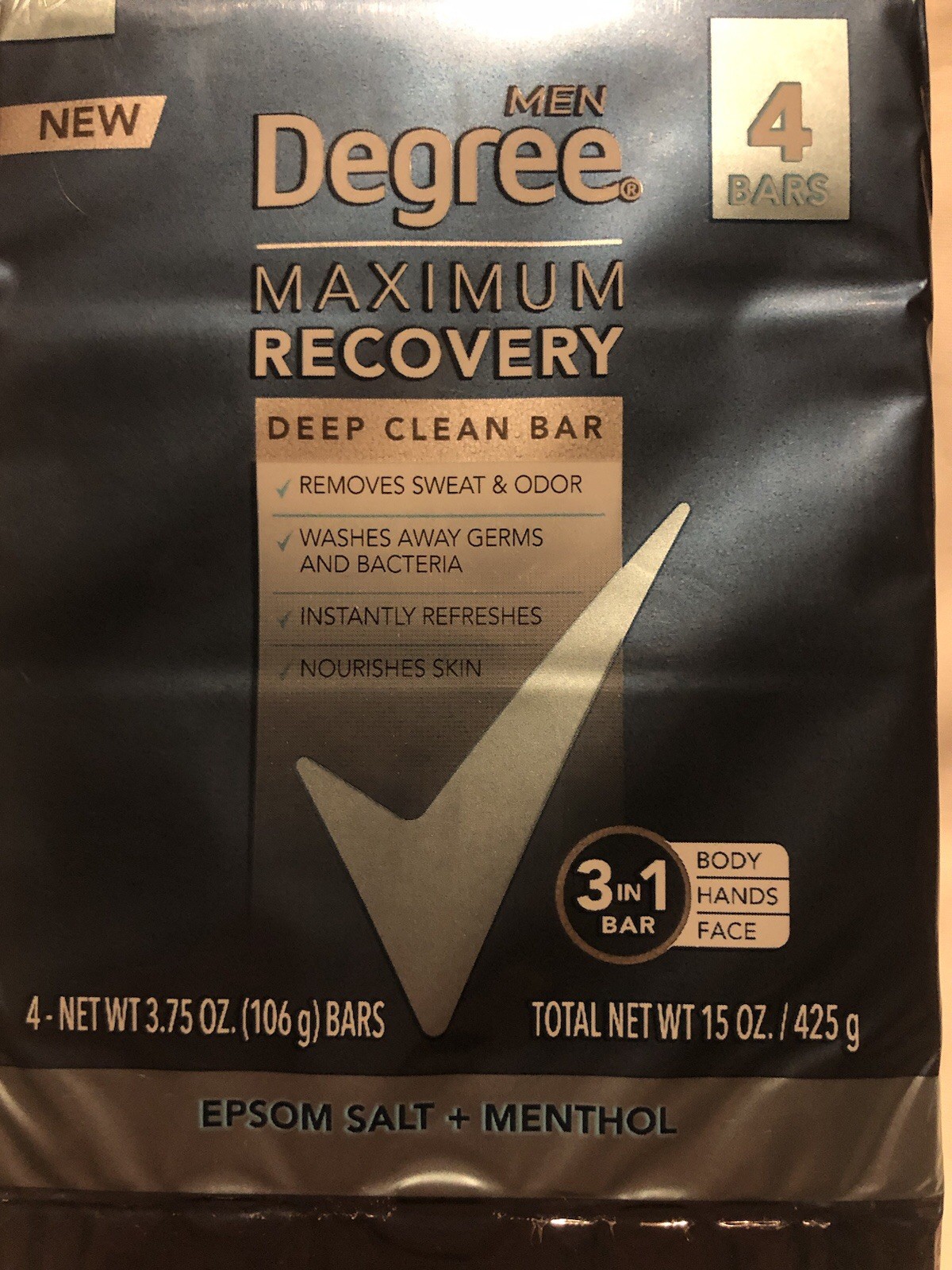 Degree Maximum Recovery Mens Bar Soap Face Body Epsom Salt & Menthol (4 Pack)