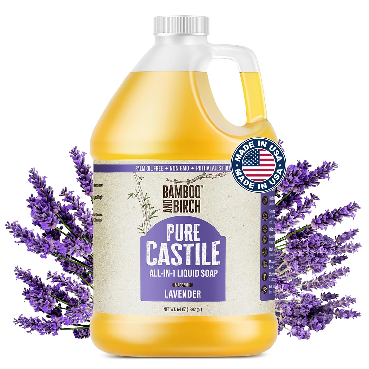 BAMBOO AND BIRCH Pure Castile Soap Liquid, Certified Palm Oil Free Natural Soap,