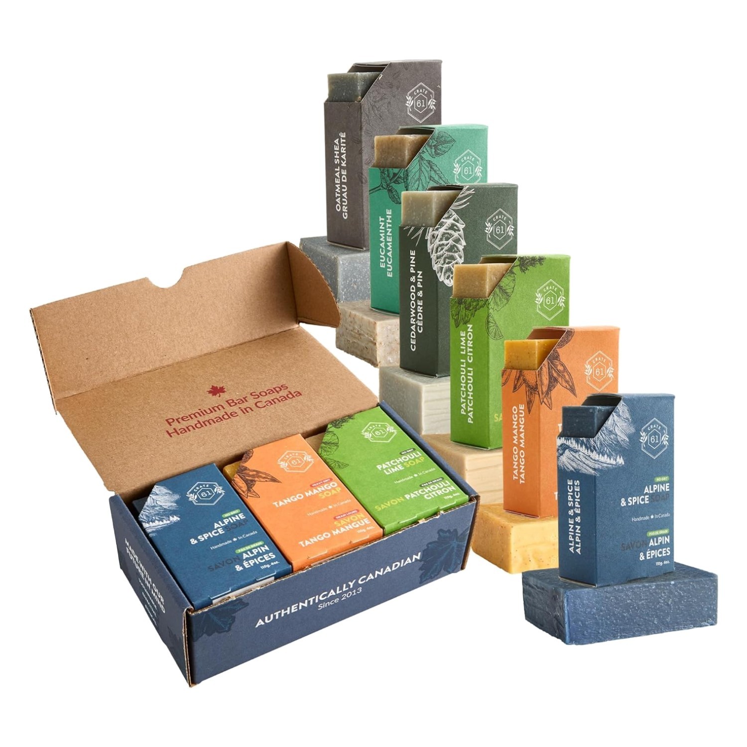 Cedarwood & Pine, Patchouli Lime, Eucamint – 6 Bar Soap Set