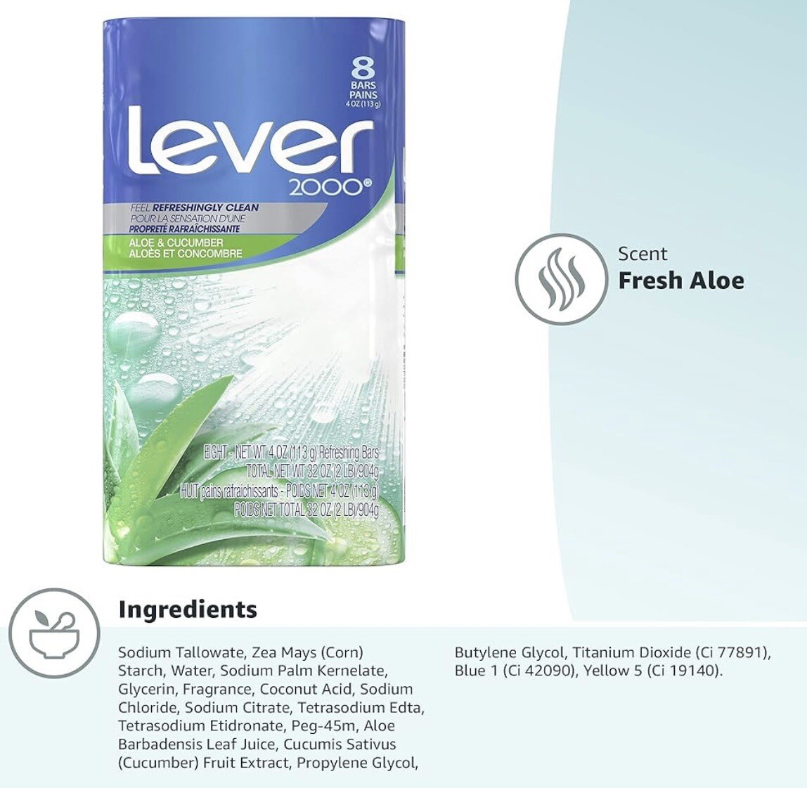 Lever 2000 Soap aloe & cucumber 3.75 oz each, 2 Pack With 8 Bars, Total 16 Bars