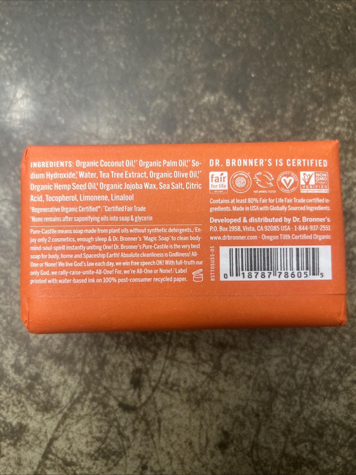 Dr Bronner’s All One Hemp Tea Tree Pure-Castile Bar Soap. 5 Oz/140g. Free Ship