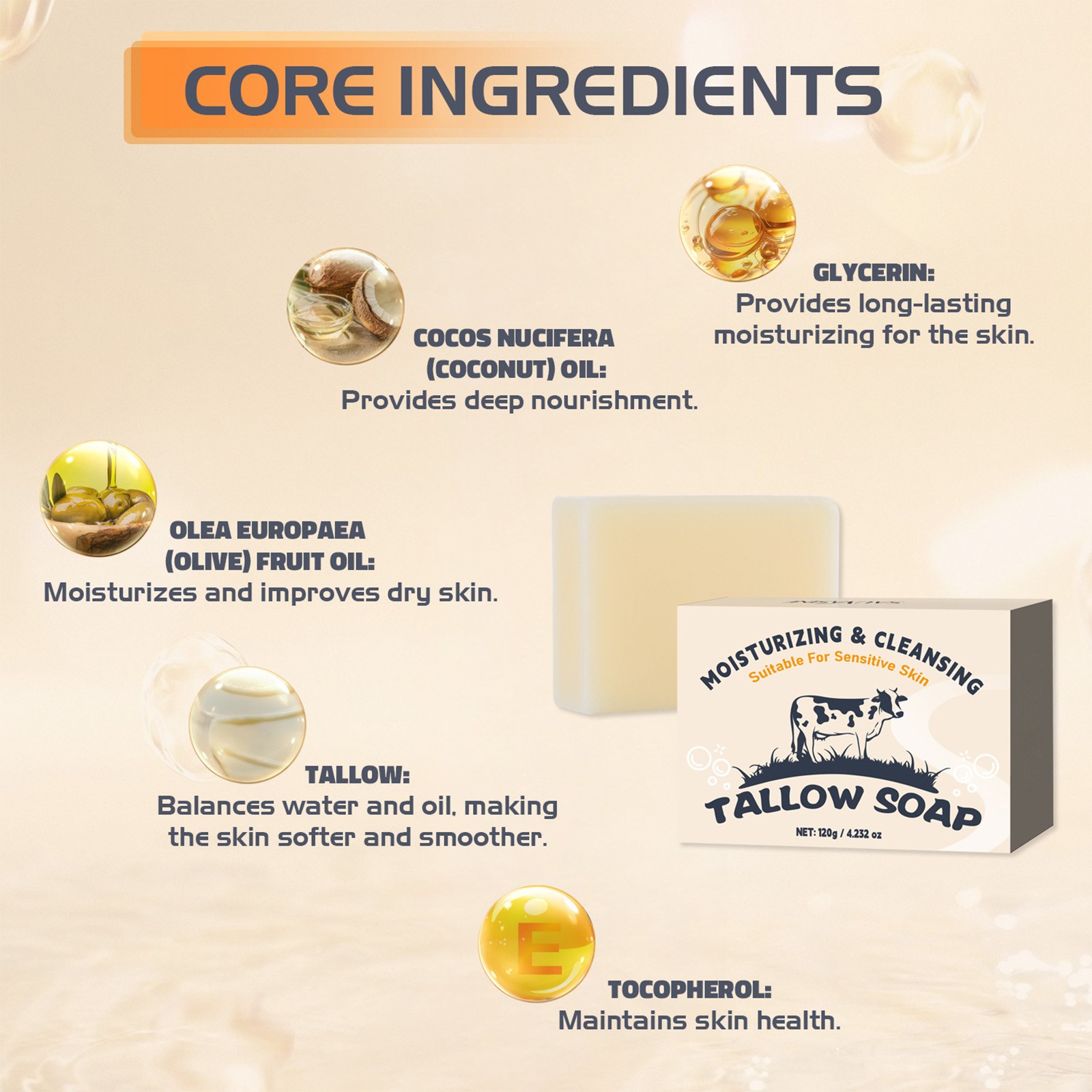 120g Bath Soap Deep Cleaning Body Soap Moisturizing Tallow Soap Oil Control