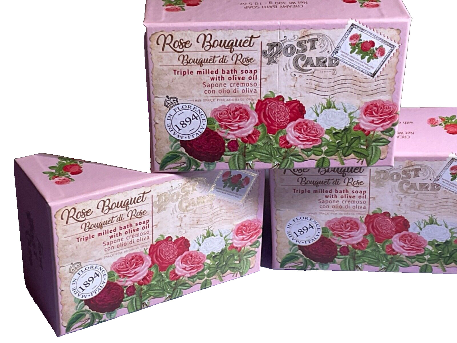 ROSE BOUQUET TRIPLE MILLED BATH SOAP w OLIVE OIL 3 -10.5 oz by MARIO FISSI 🇮🇹