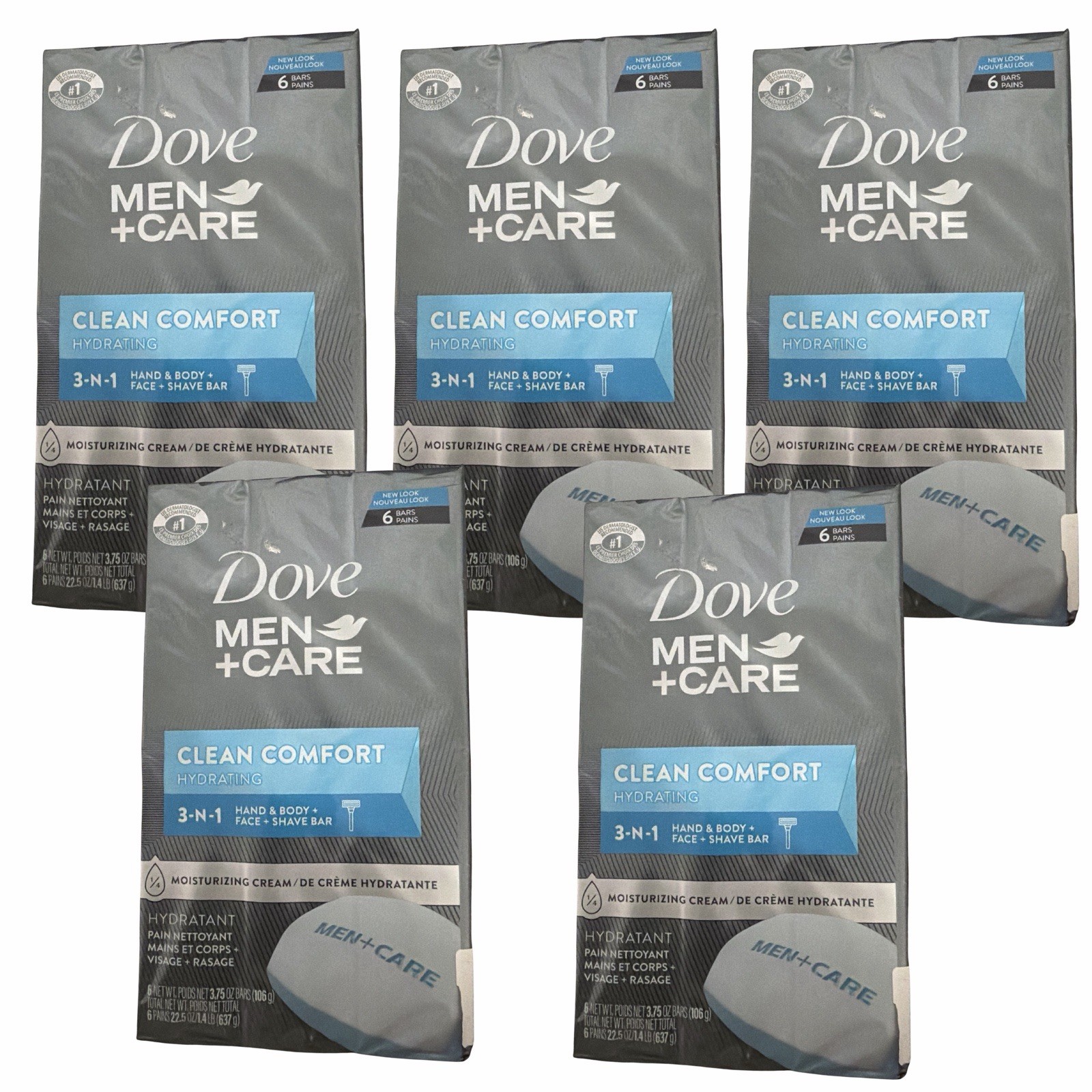 Pack Of 5 Dove Men+Care Clean Comfort Hydrating 3 In 1, 6 Bars Total 30 Bars