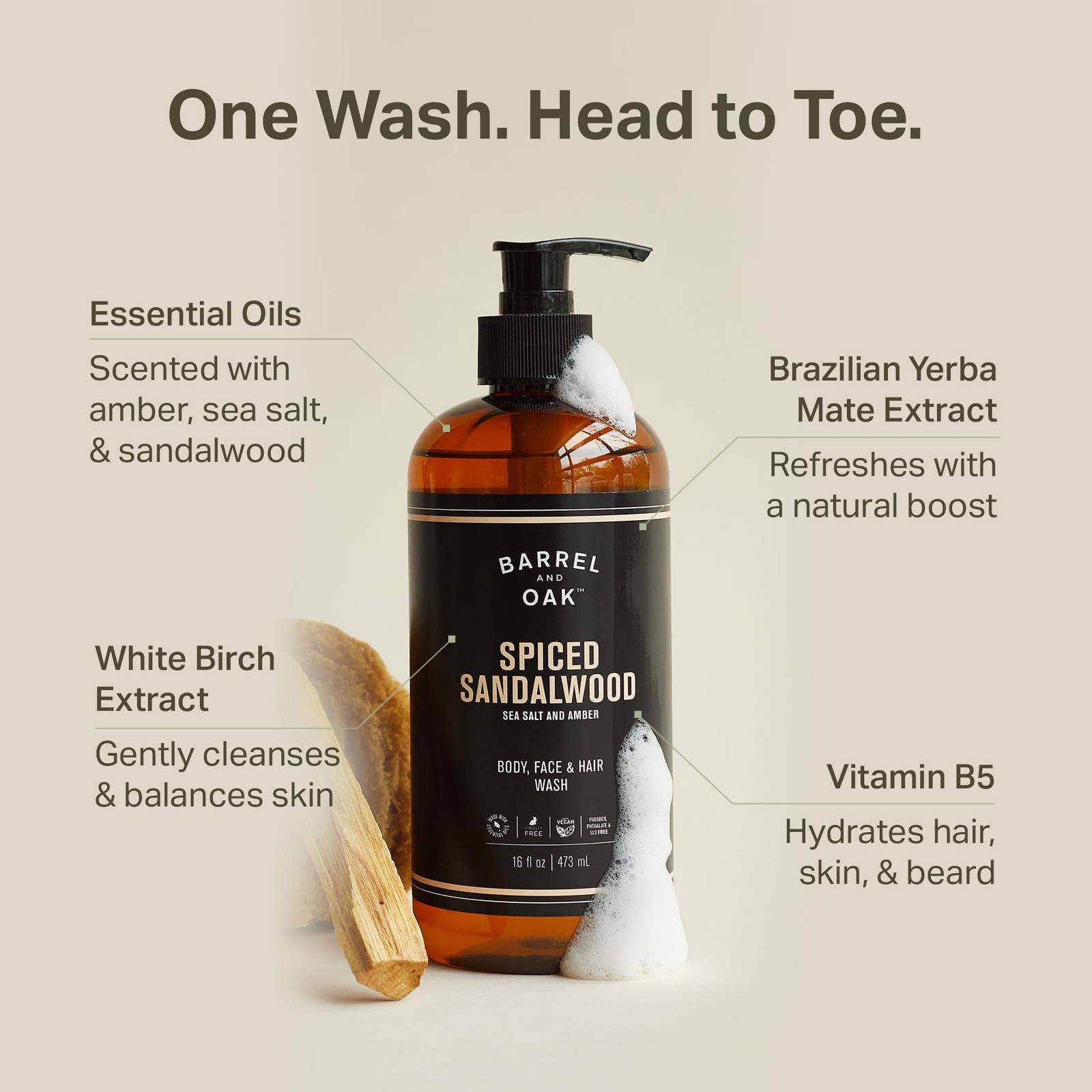 Barrel & Oak All-in-One Wash for Face, Hair, & Body, 16 Fl Oz (Pack of 1)