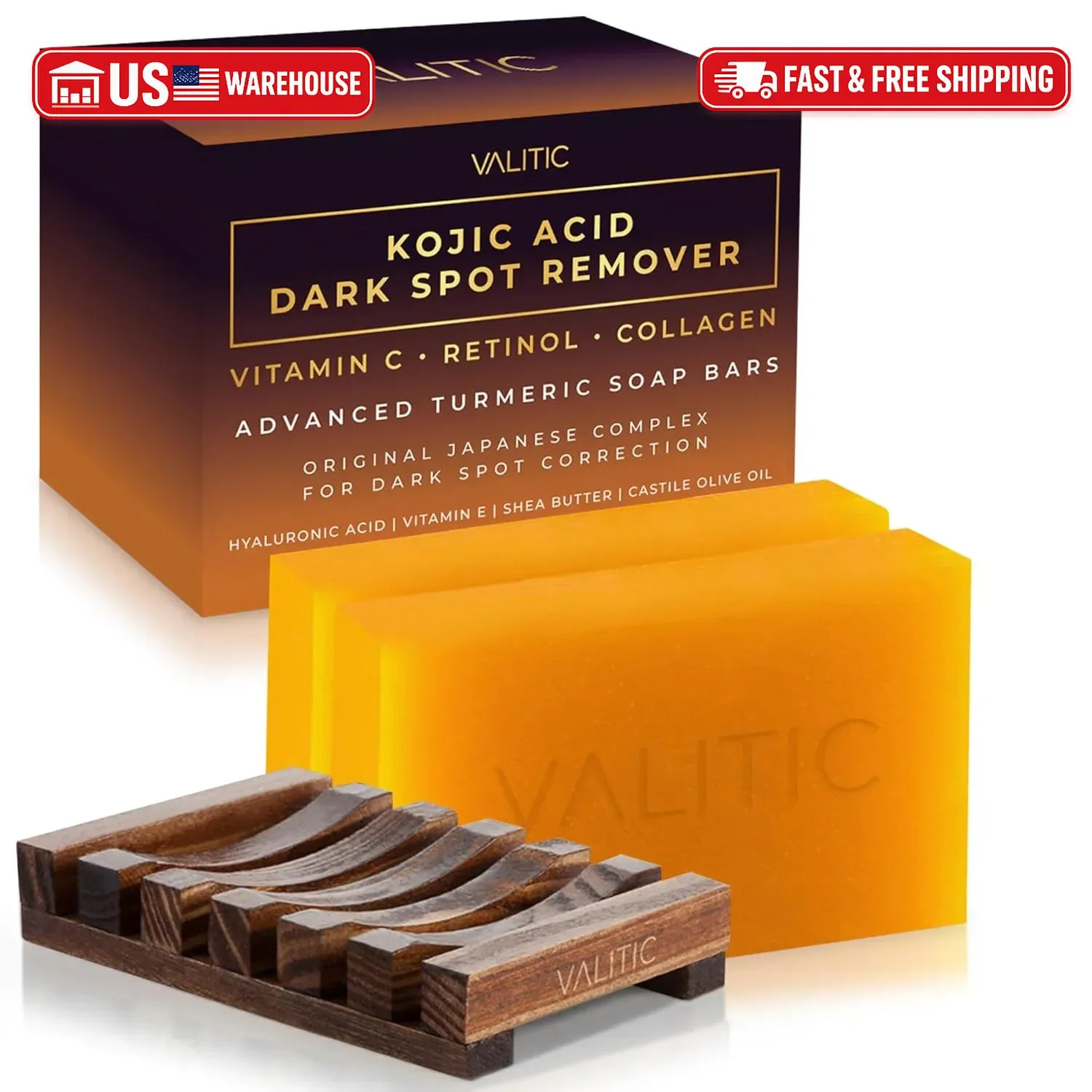 VALITIC Kojic Acid Dark Spot Remover Soap Bars with Vitamin C, Retinol, Collagen
