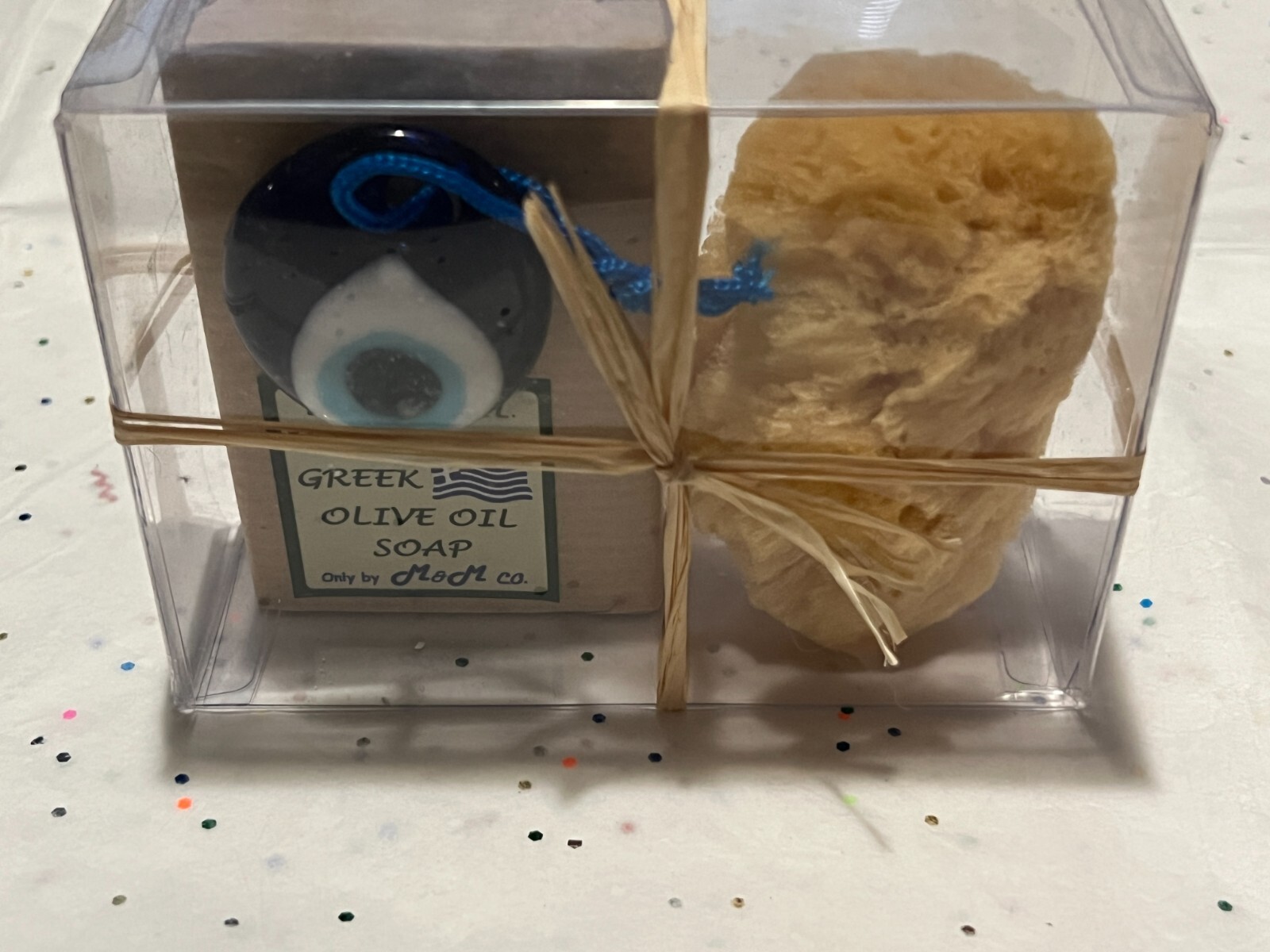 3PC Set Pure Greek Handmade Olive Oil Soap, Loaf Sponge & Glass Evil Eye