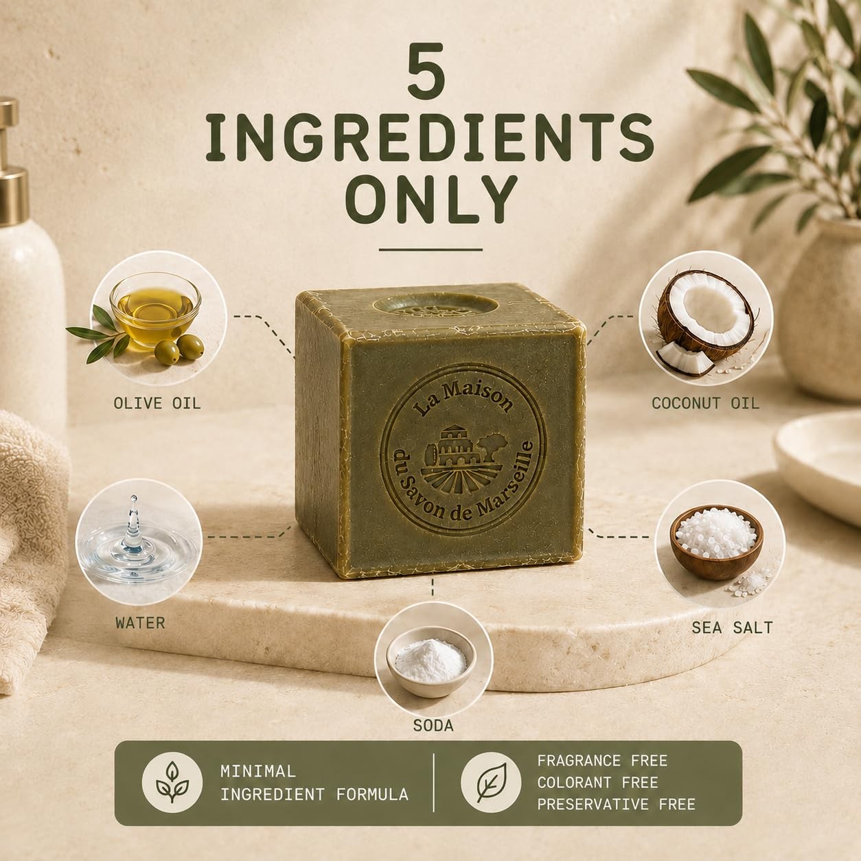 La Maison du Savon Olive Oil Soap Bar, Savon de Marseille Soap, 3 x 3.5 oz