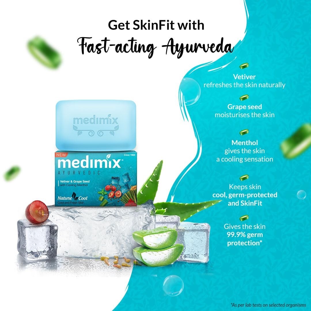 Medimix Cool Ayurvedic Soap 125g x 5 Menthol Vetiver Grape Seed Vegan