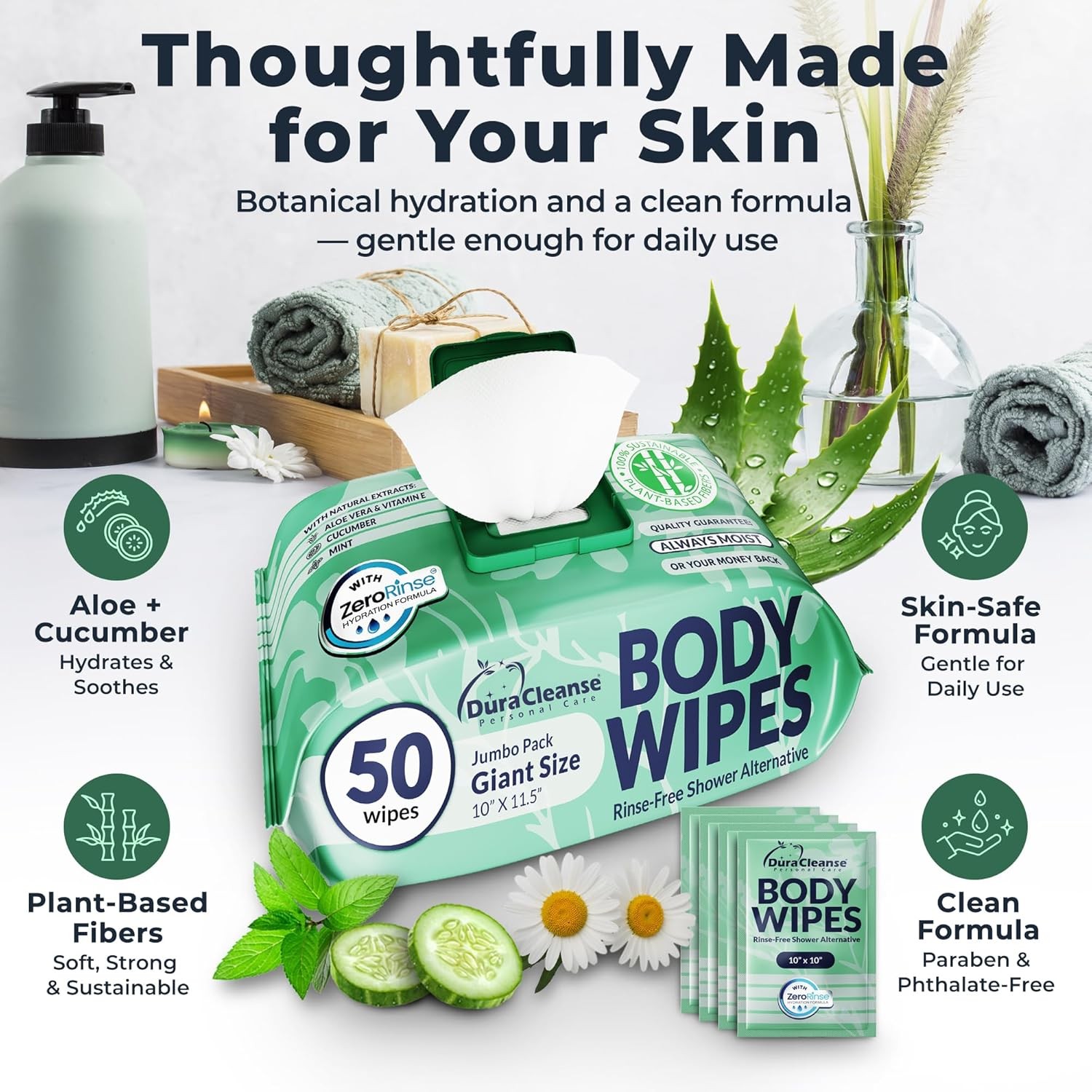 Body Wipes for Women, Extra Moist No Rinse Bathing Wipes-50 XL Shower Cloths