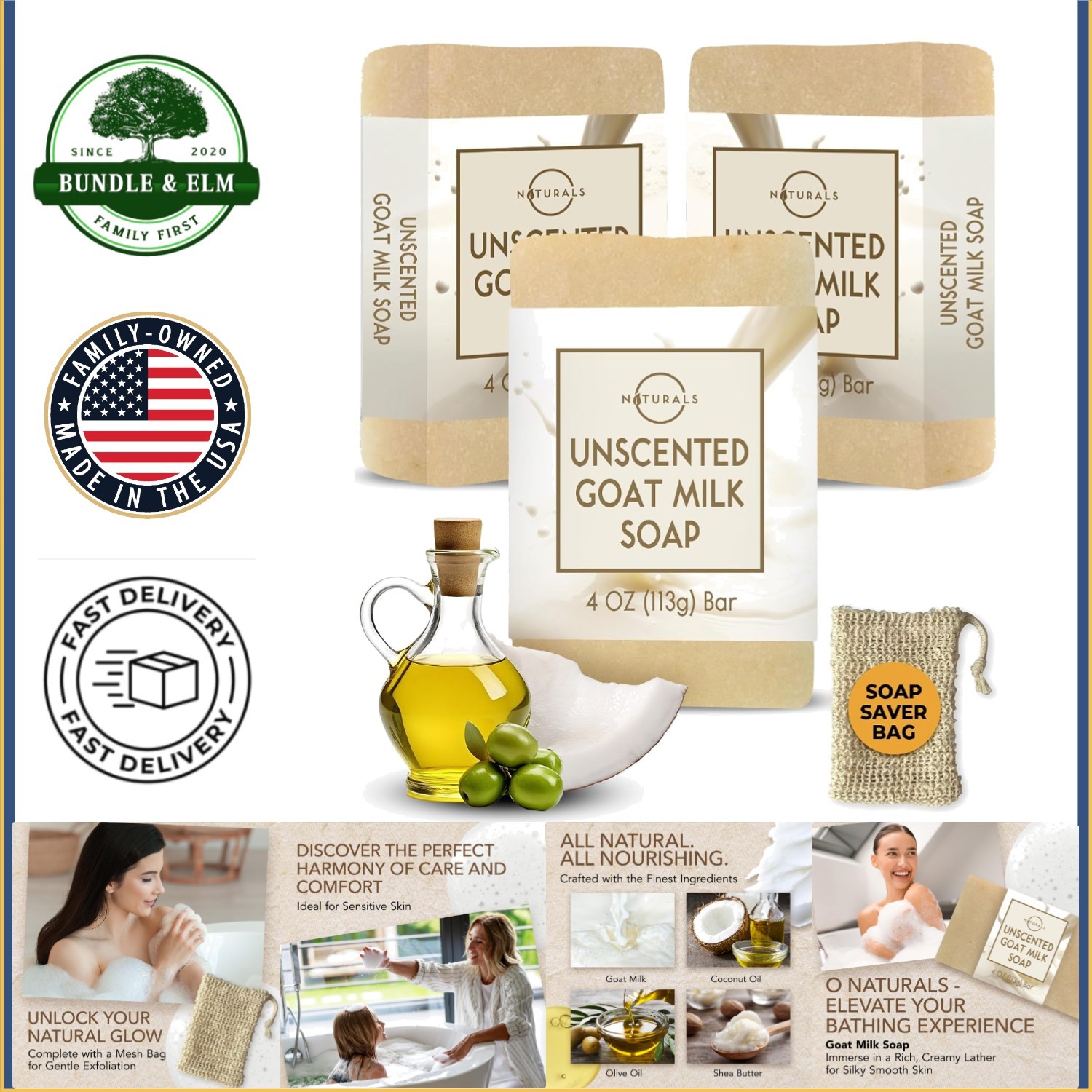 Unscented Goat Milk Soap Set for Sensitive Skin with Natural Ingredients