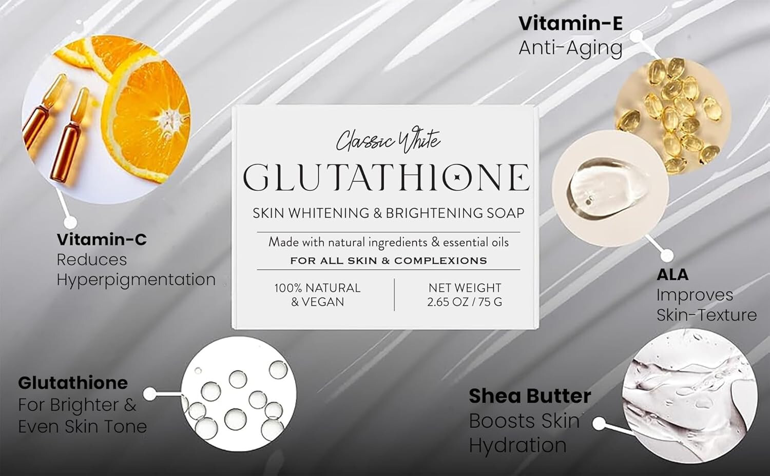 Glutathione Skin Whitening & Brightening Soap Anti-Aging Natural & Vegan 75g 4pk