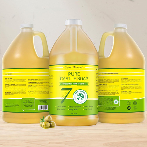 Pure Castile Soap – No Palm Oil, GMO-Free 64 Fl Oz (Pack of 1), An Unscented