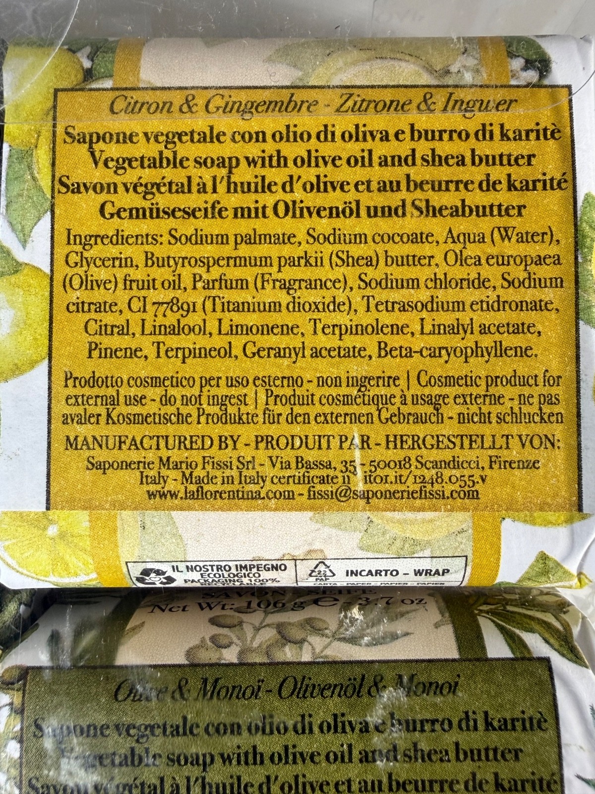 LA FLORENTINA: Individually Wrapped Assorted Soap 6×3.7oz Italy 22.4oz +Bar Bag