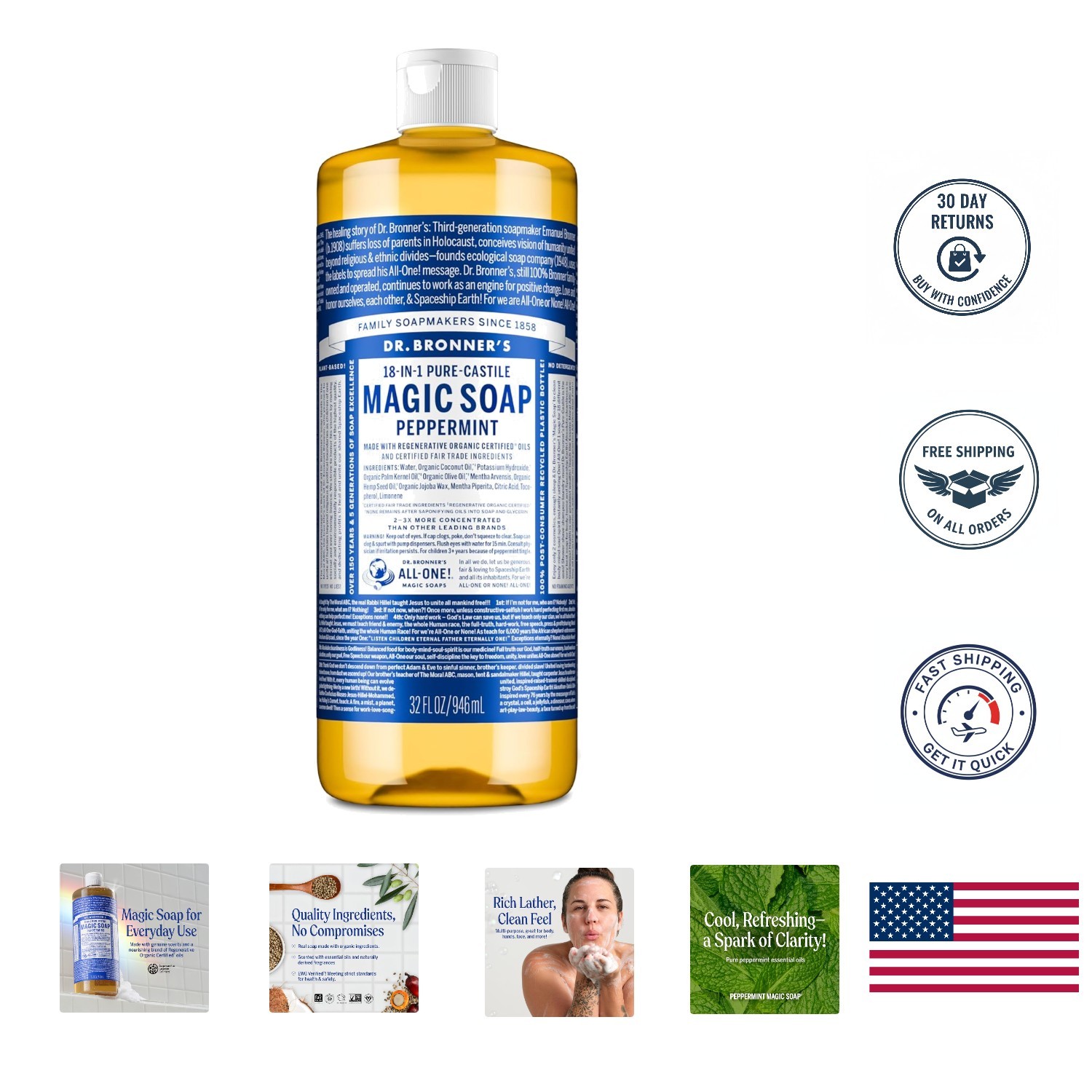 All-Natural 32oz Peppermint Pure-Castile Liquid Soap – & Concentrated