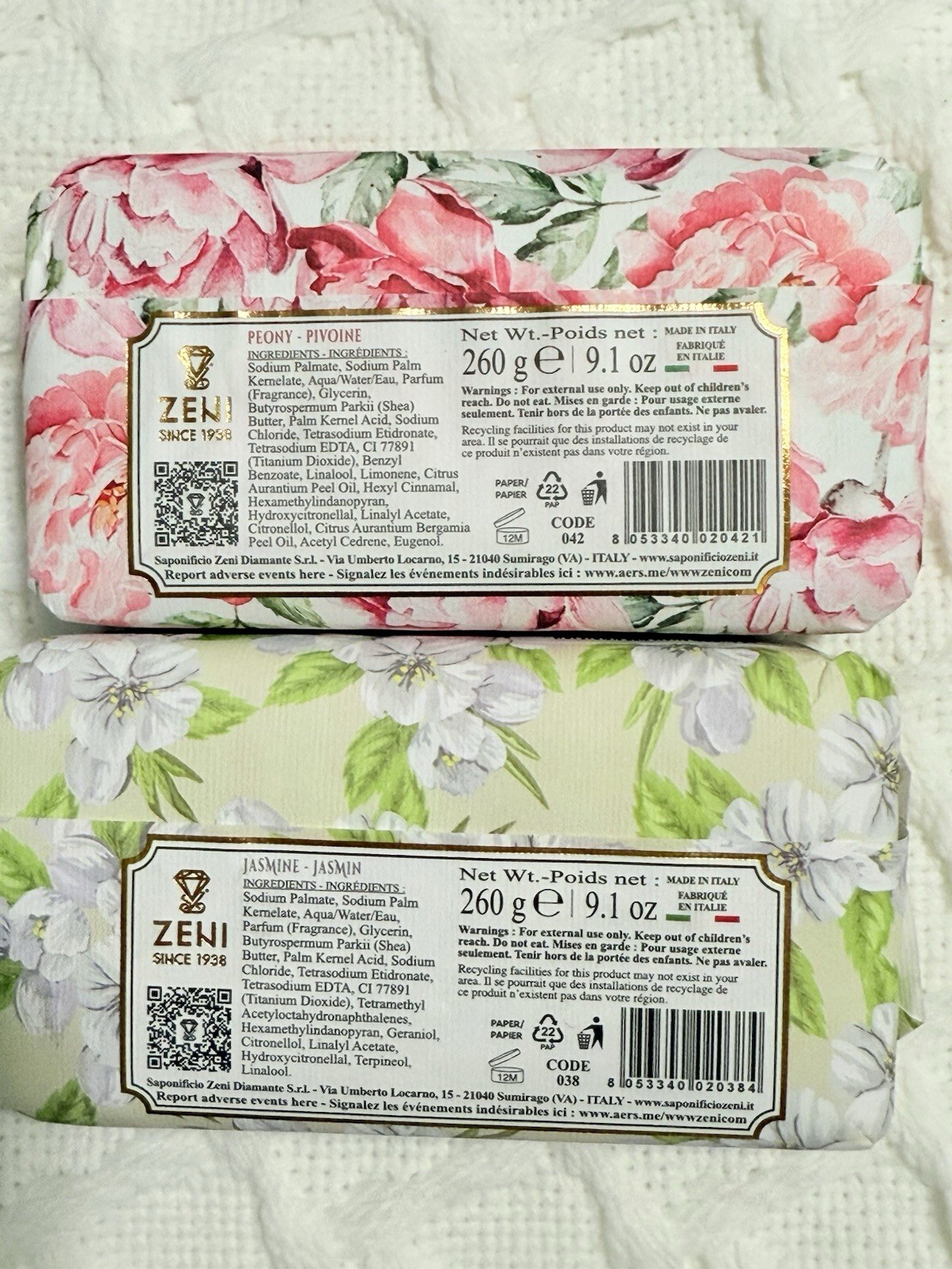 2 pcs ZENI Scent :Peony & Jasmine Fine Triple Milled ITALIAN Soap Bar 9.1 Oz