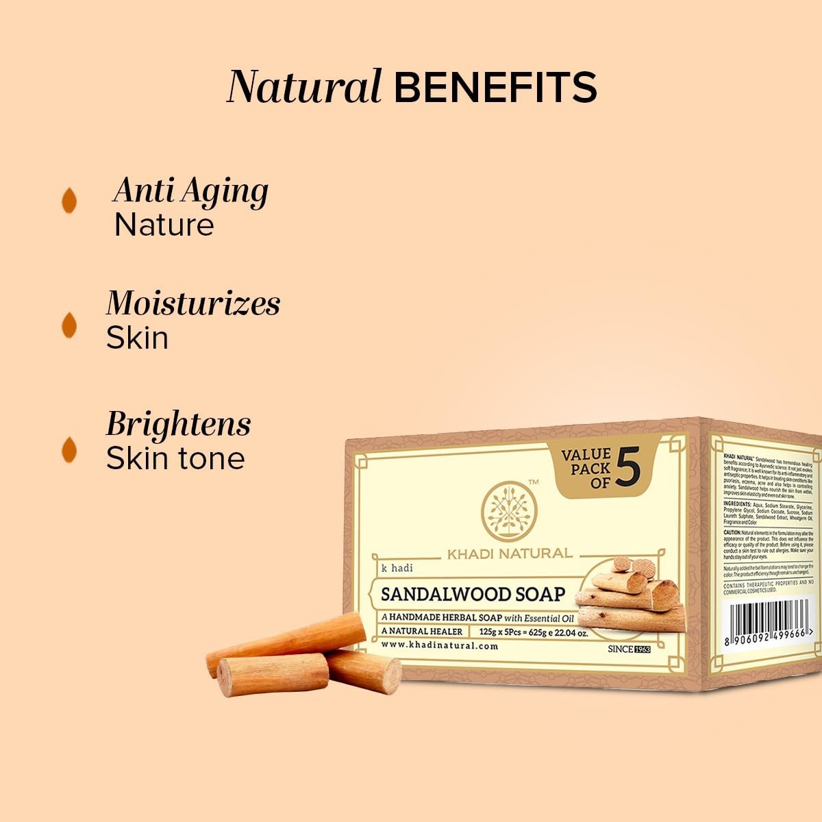 Khadi Natural Sandalwood Soap Pack of 5 Handmade Herbal Bath Soap 125g