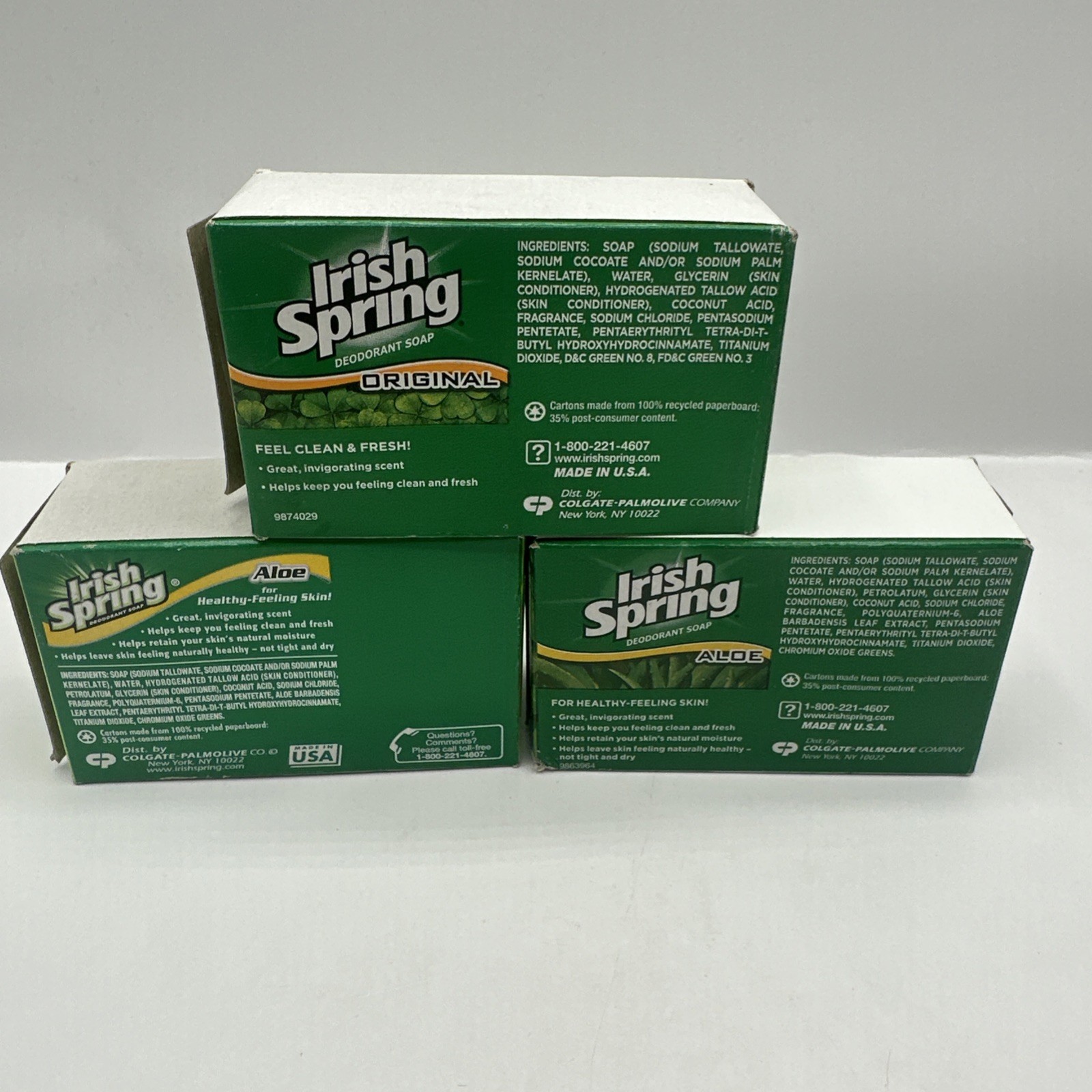 Vintage Lot of 3 IRISH SPRING ORIGINAL Aloe Bath Size 3.75/4oz Deodorant Soap-l