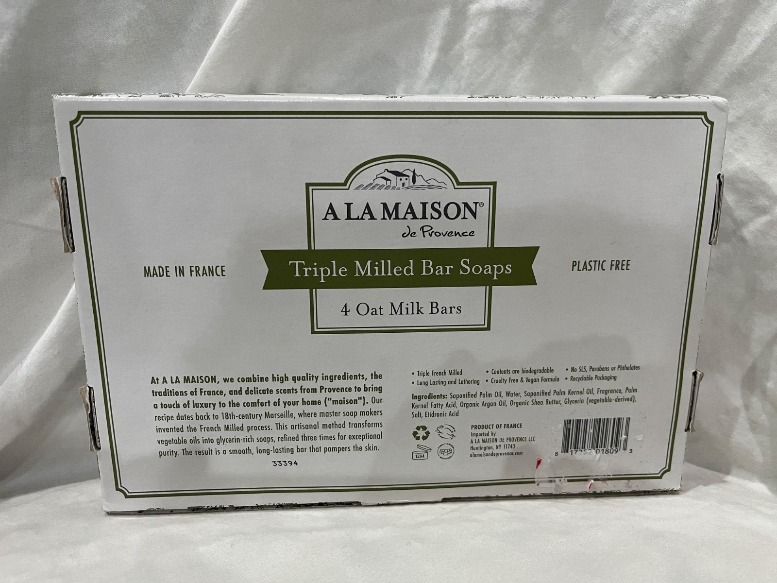 4 A La Maison Triple Milled Bar Soap Oat Milk Shea Butter Argan Made in France