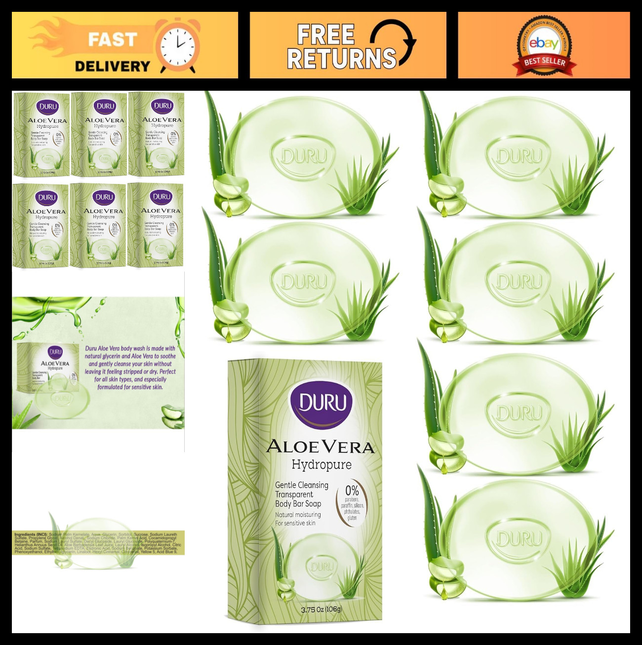 Aloe Vera Glycerin Soap Bar – Moisturizing, Vegan, Sensitive Skin – 6 Pack, Para