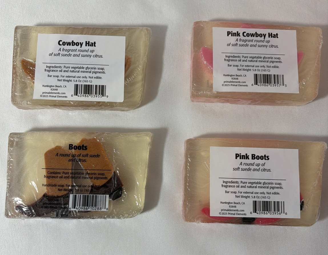 Primal Elements Western Themed Hats / Boots Glycerin 5.8 oz Bar Soap 4 Pack