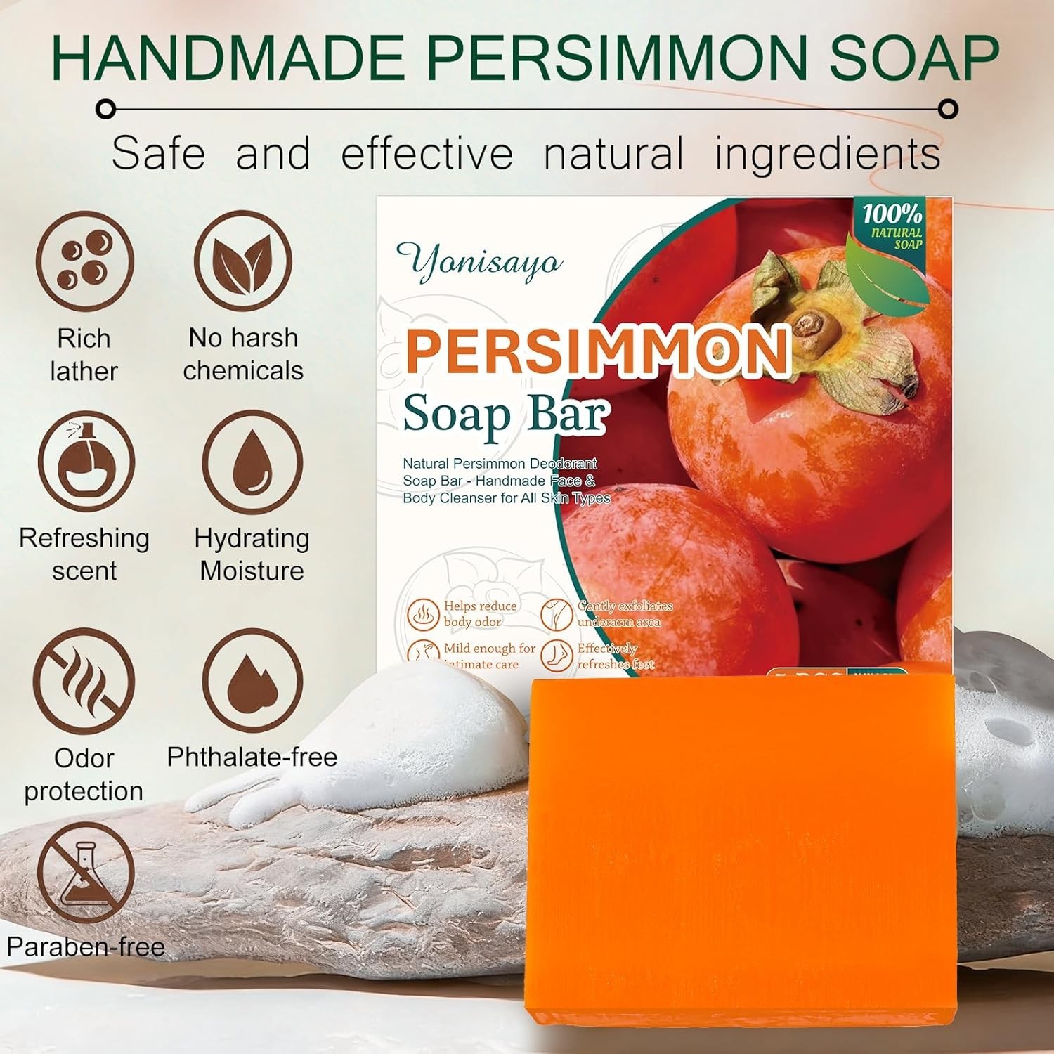 5 Pcs Persimmon Soap Bar for Old People Smell, Persimmon and Green Tea…