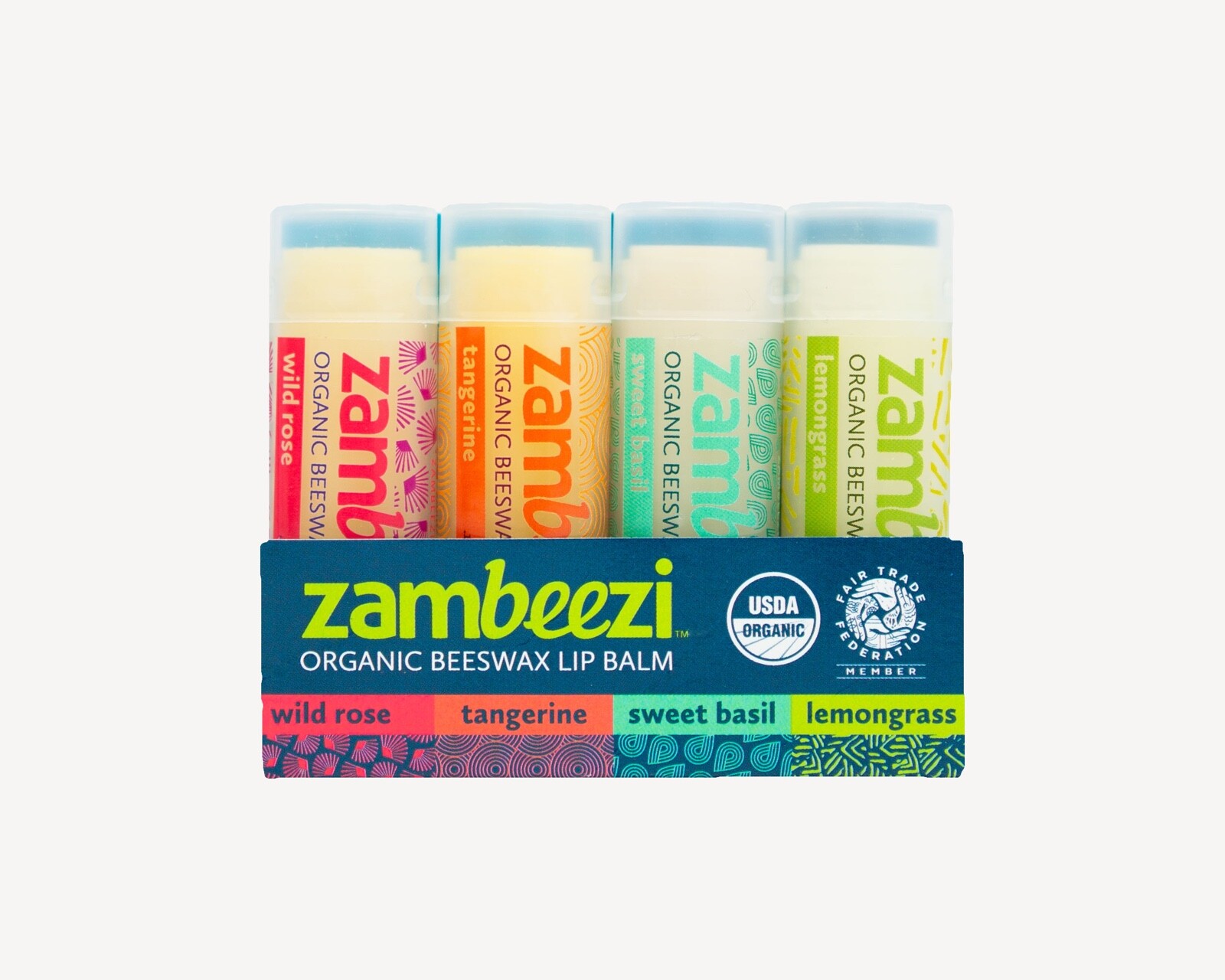 4 pack Zambeezi Organic Fairtrade Beeswax Lip Balm from Zambia Africa Core