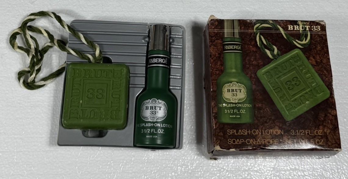 Vintage BRUT For Men FABERGE SOAP-ON-A-ROPE w/splash Lotion – Green Unused Read
