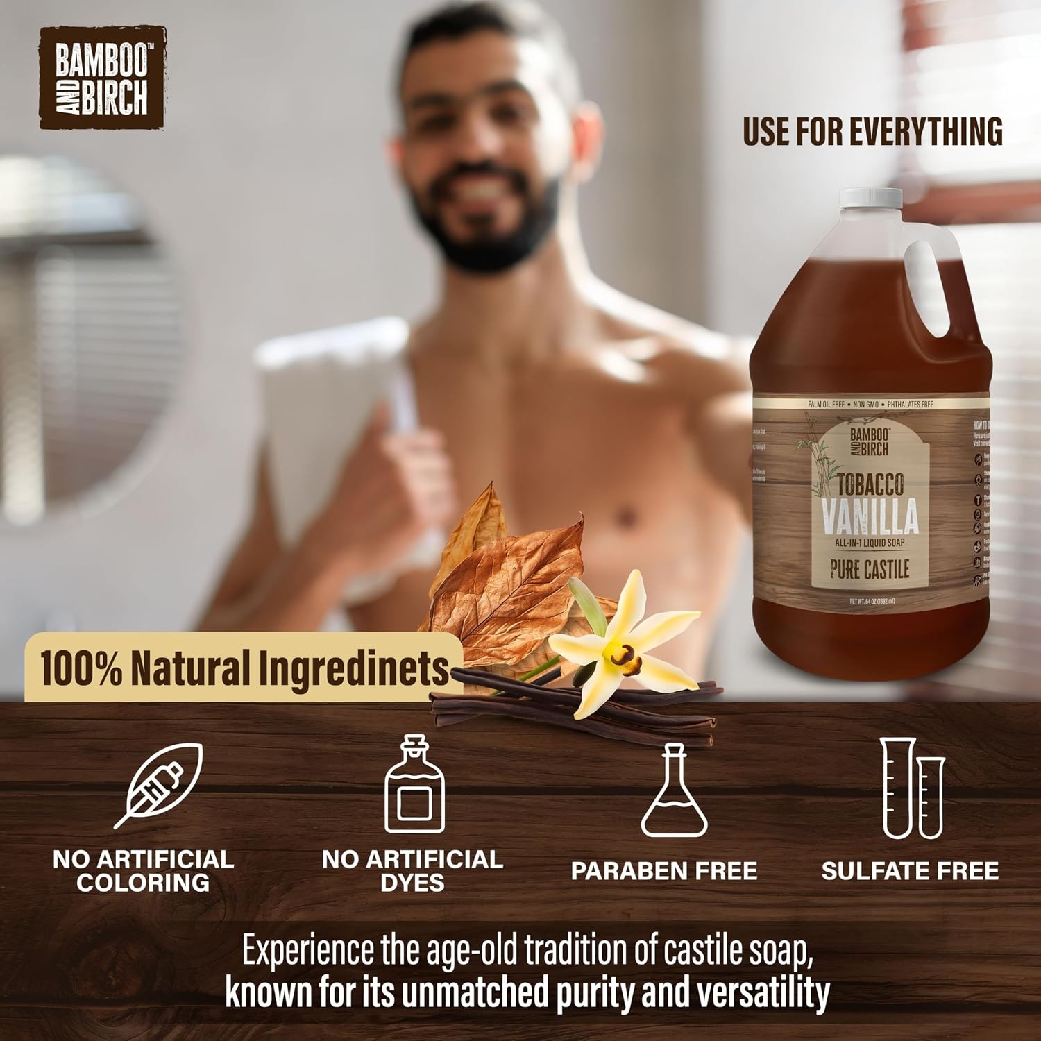 Bamboo & Birch Organic Castile Soap Tobacco Vanilla 64 oz Palm Oil Free