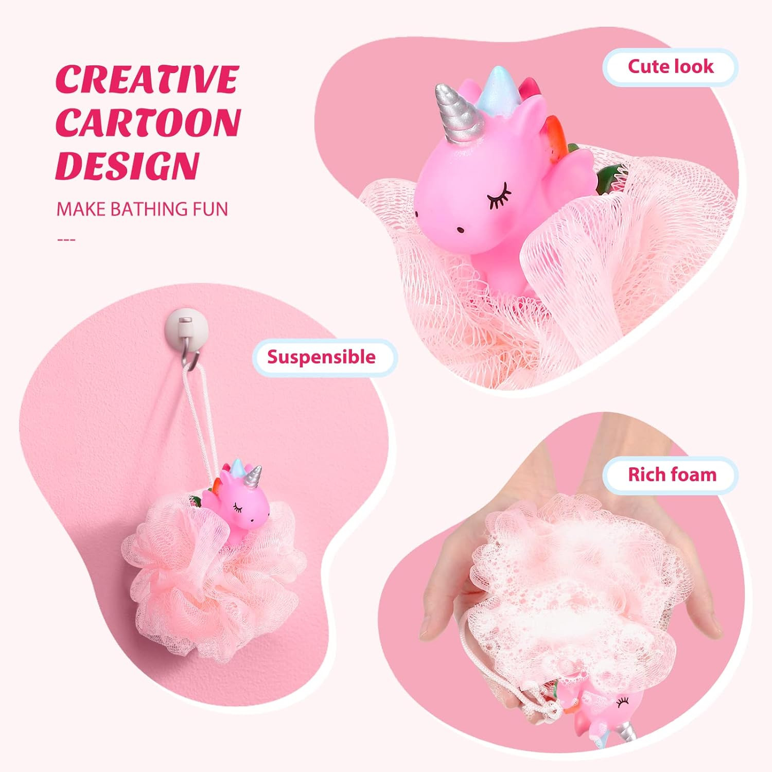 2pcs Unicorn Shower Loofah Exfoliating Mesh Ball Pouf Bath As Shown