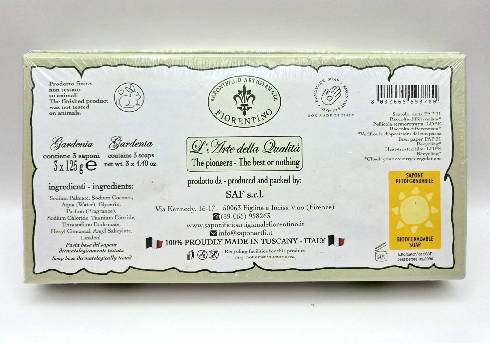 SAPONIFICIO ARTIGIANALE GARDENIA SCENTED SOAP 3 x 4.40 oz NIB