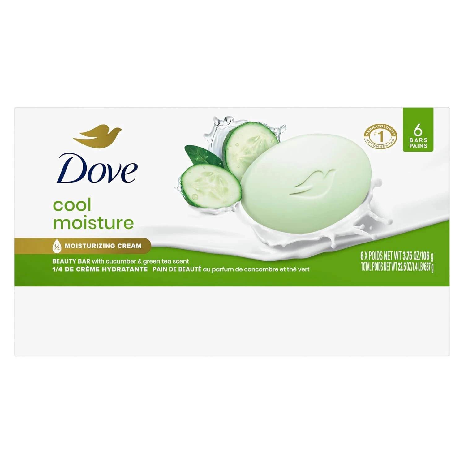 Dove Beauty Bar Soap Cool Moisture Cucumber & Green Tea Scent, 6 Bars for Refres