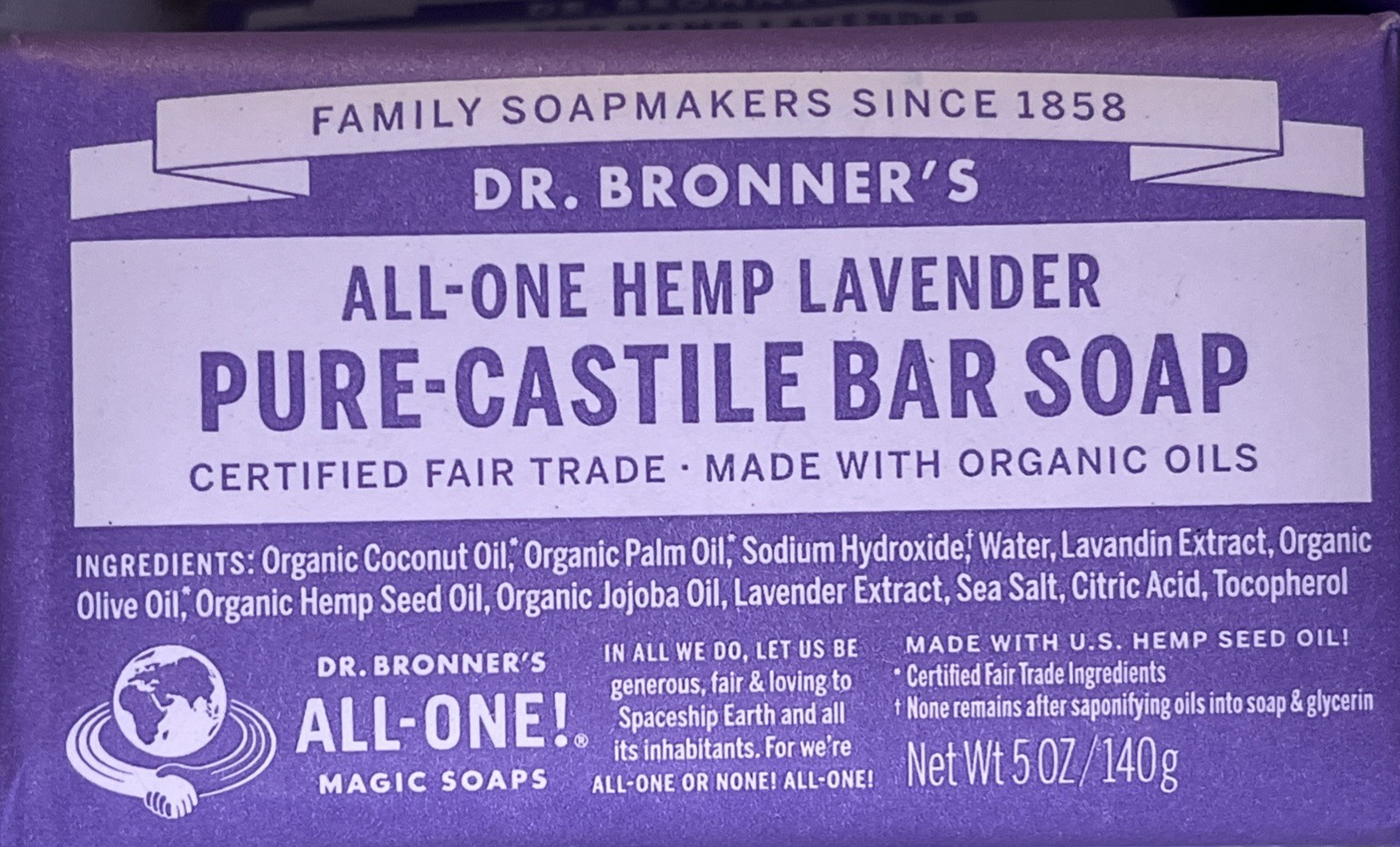Dr. Bronner’s Pure Castile Bar Soap All-One Hemp Lavender; Lot of Four 5oz Bars