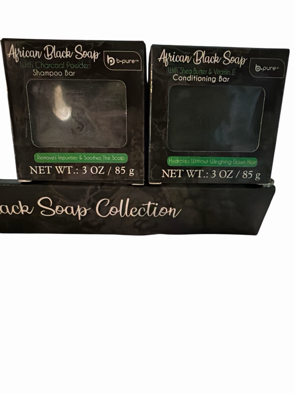 B-Pure African Black Soap Shampoo & Conditioning Bar Set 3oz Charcoal Shea