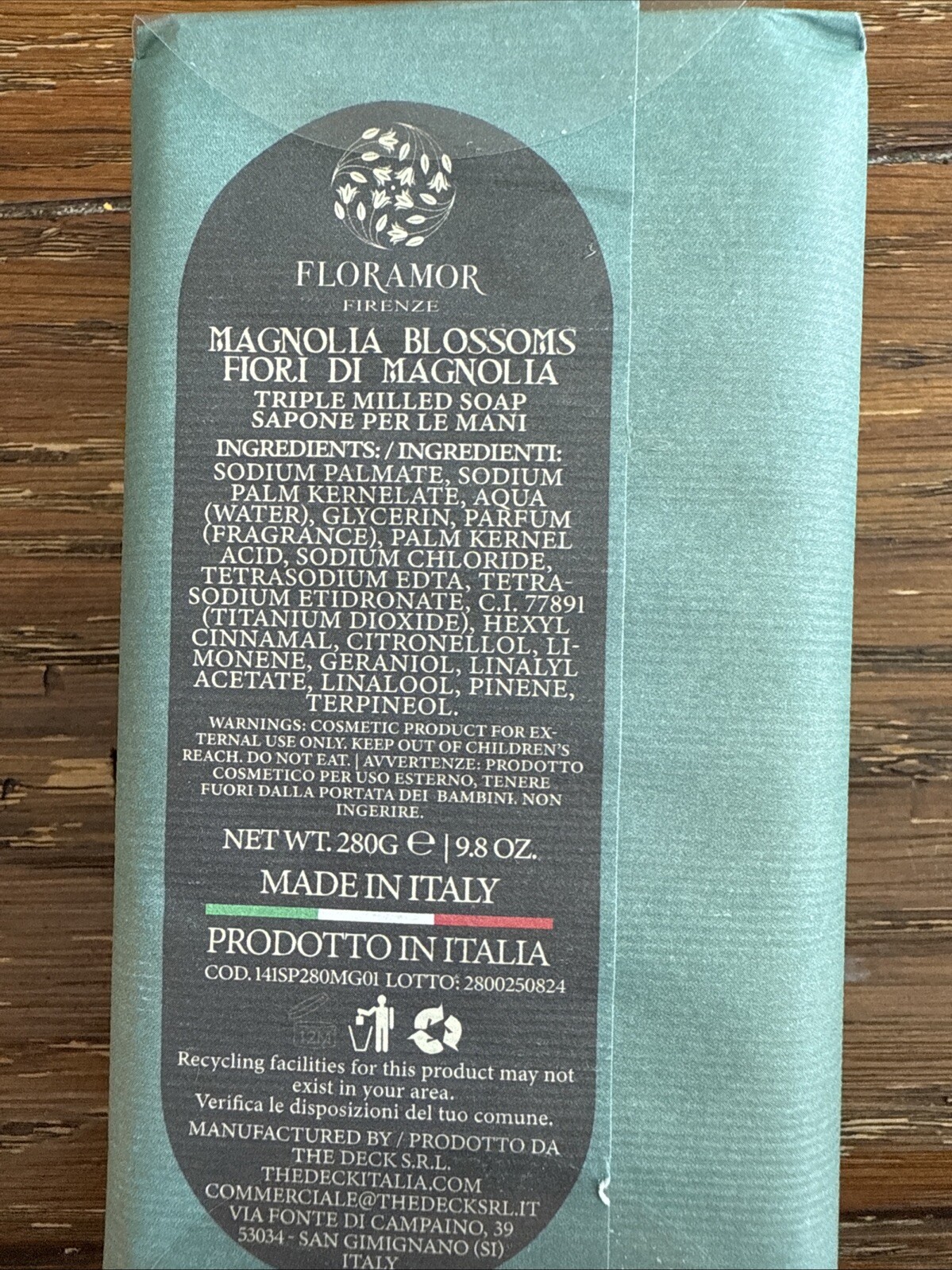Floramor Firenze Magnolia BLOSSOMS Triple Milled Soap. Made In Italy 9.87oz