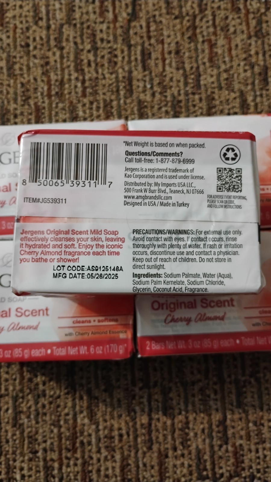 Lot of 5 2pks Jergens Cherry Almond Mild Soap Original Scent (10 Bars Total)