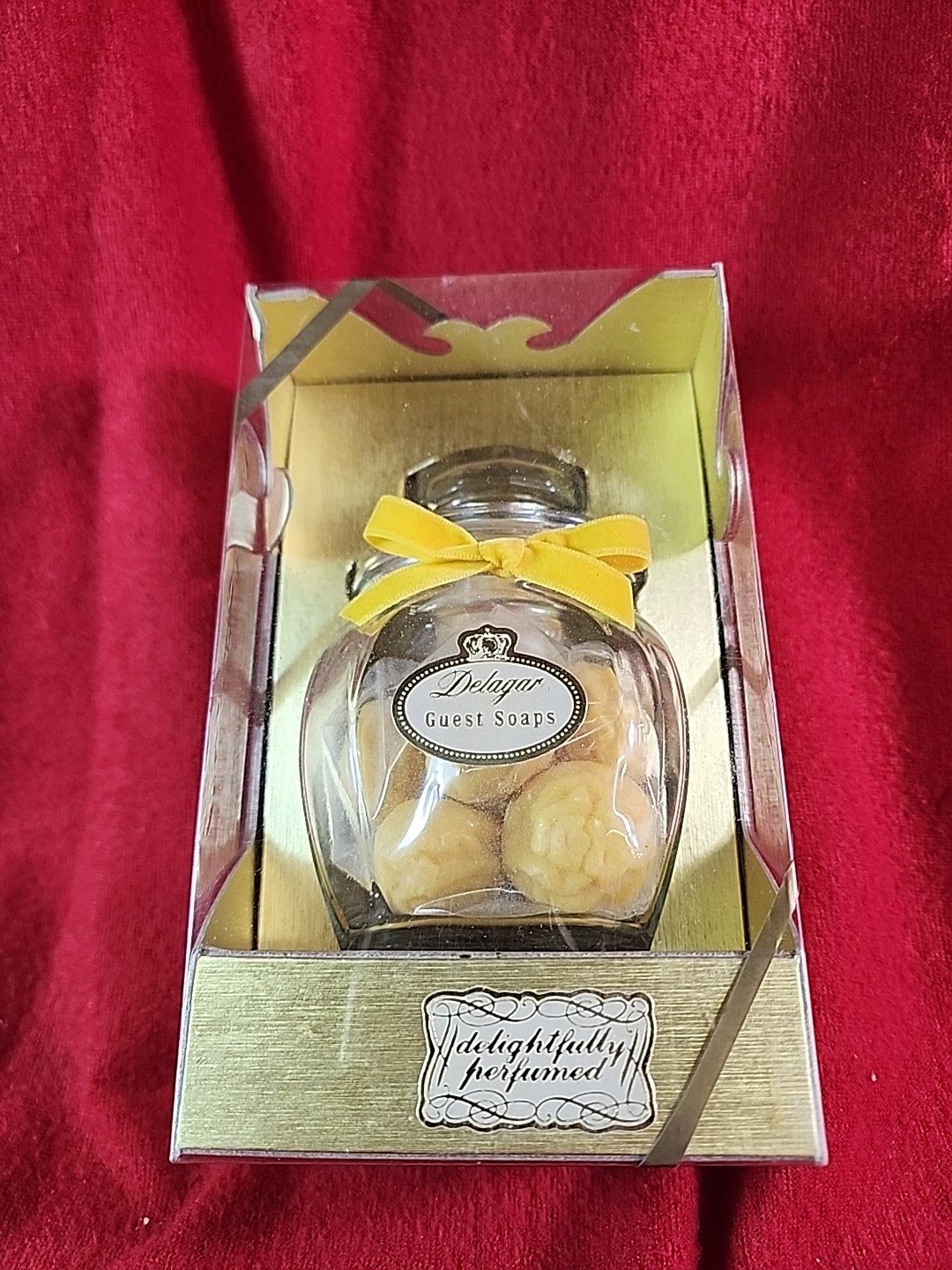 Delightfully Perfumed Delagar Yellow Floral Guest Soaps In Lidded Dutch Jar