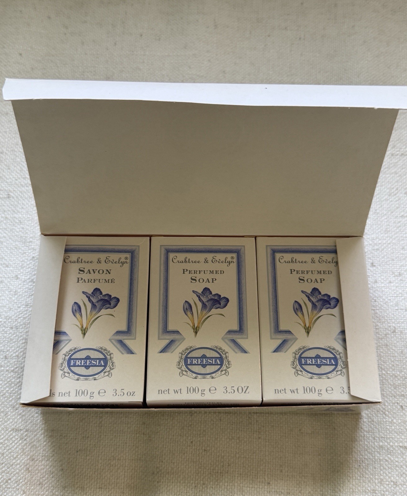 NEW Vintage Crabtree & Evelyn Freesia Perfumed Soap 3 Bar Set 3.5oz Each