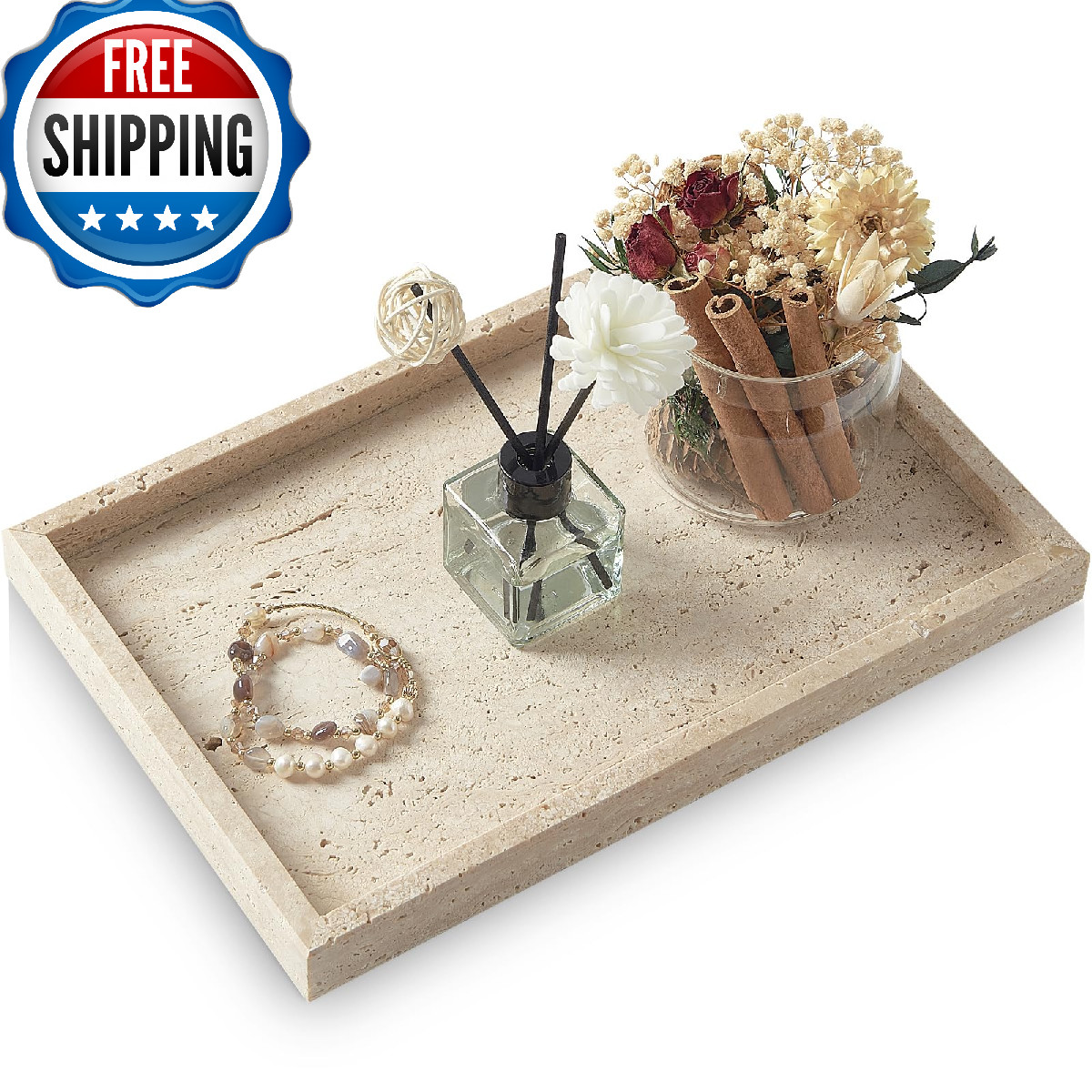 MULWR Travertine Tray Bathroom Vanity Tray Non-Ceramic Non-Resin Marble Perfume