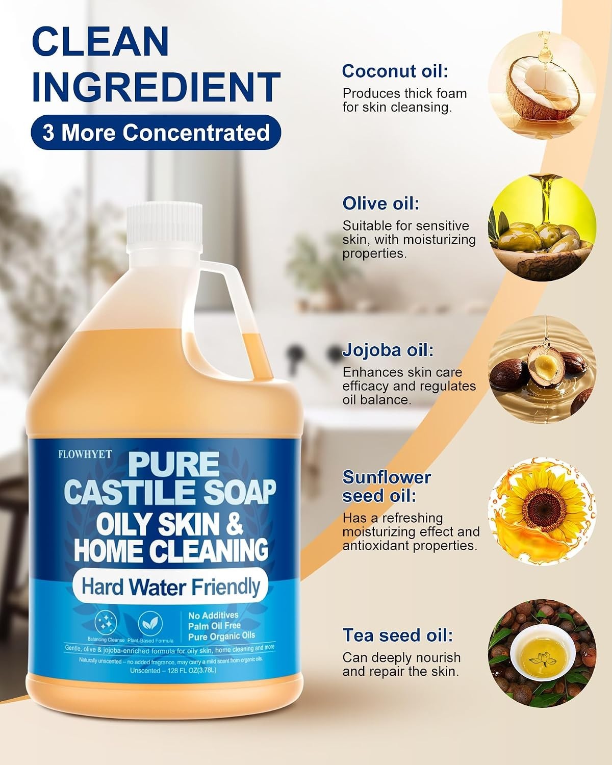 FLOWHYET Pure Castile Soap Liquid Unscented 1 Gallon 128 Fl Oz
