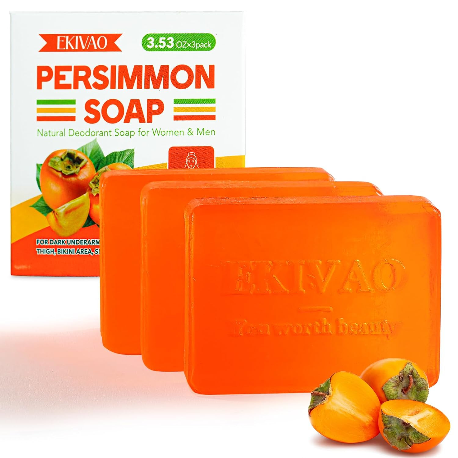 3Pack Natural Persimmon Soap Bar for Body Odor Control, Organic Deodorant Body P