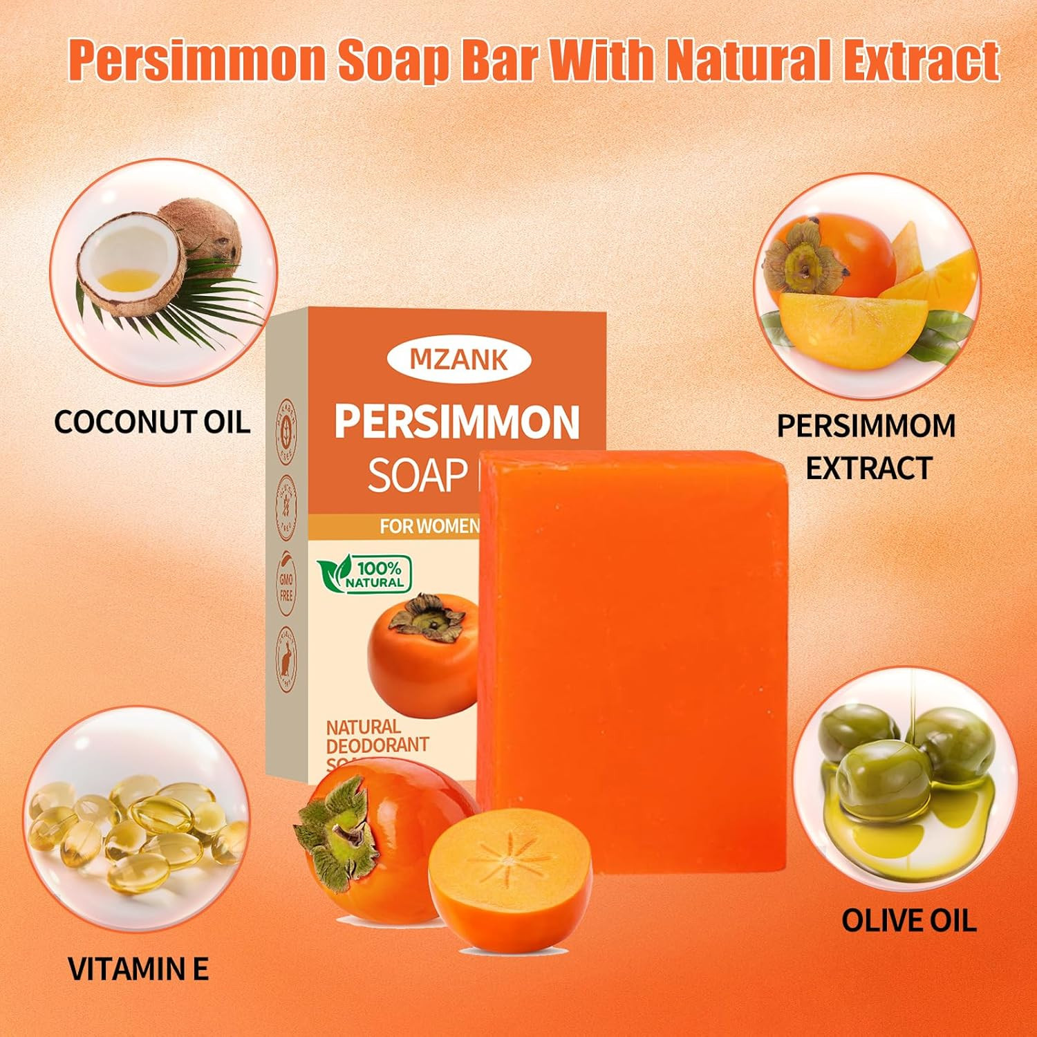 3 PACK Persimmon Soap Bar for Old People Smell,Natural Deodorant Body Face Bar S