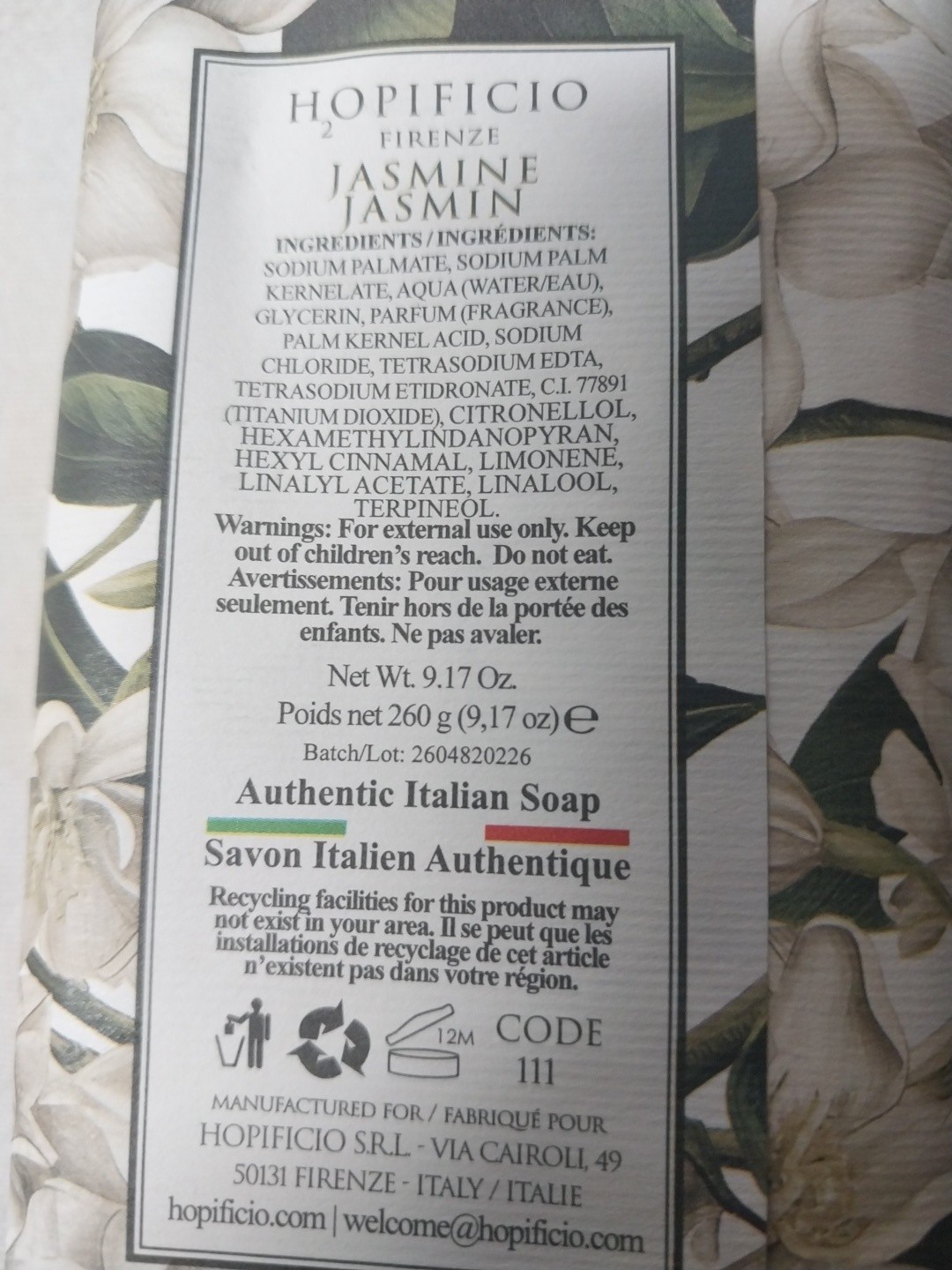 Hopificio Italian Luxury Bath Bar Soap Jasmine Jasmin scented 9.17 oz